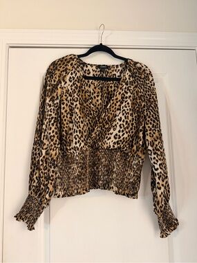 Express Leopard Print Wrap Blouse in Brown and Black